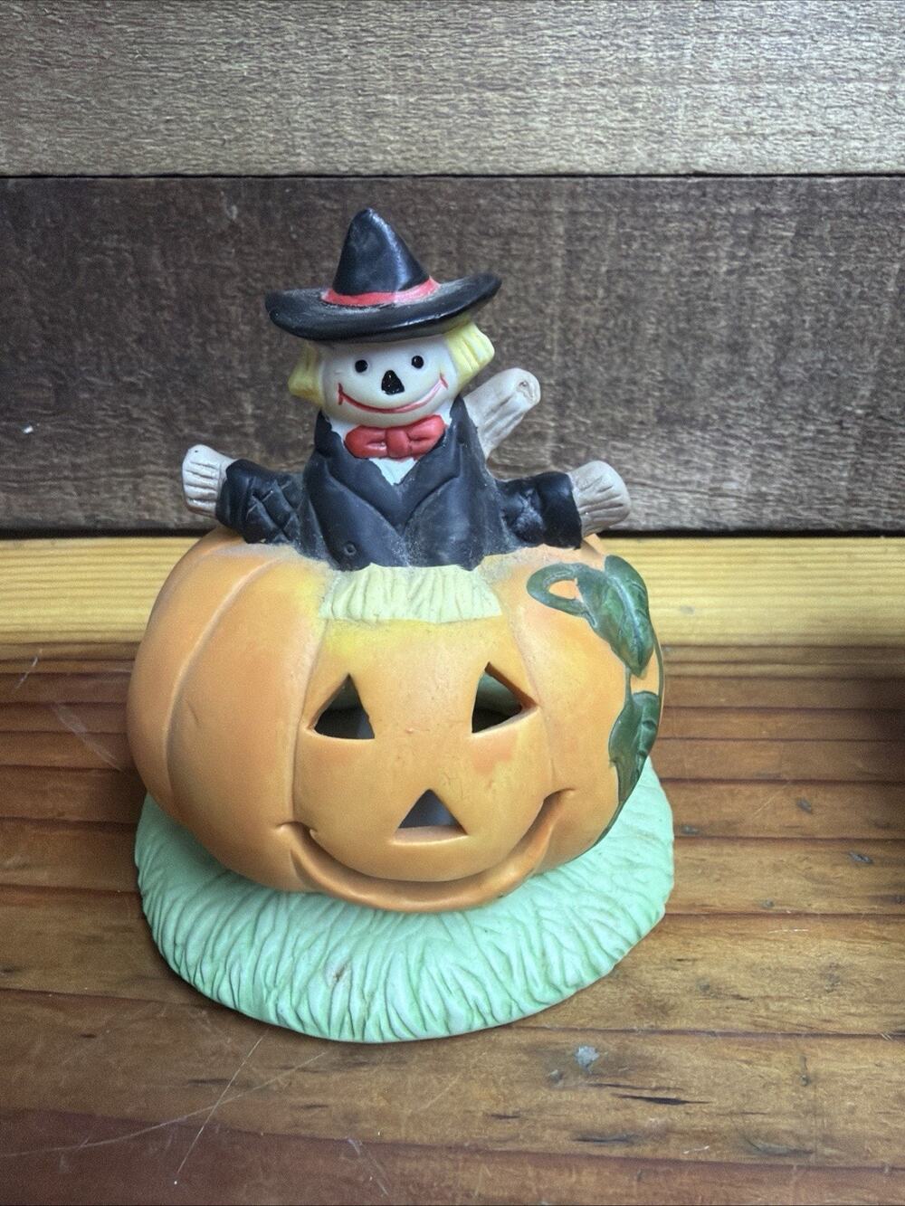 Vtg Retro Halloween Scarecrow Jack-O-Lantern Votive Candle Holder 5” In Box